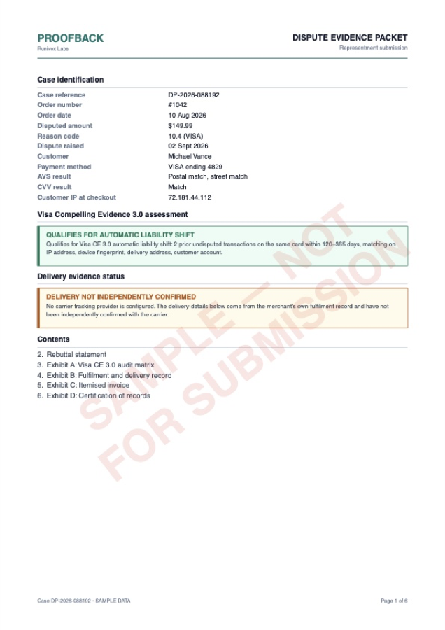 The first page of a ProofBack evidence packet: case identification, the CE 3.0 assessment marked as qualifying, and a notice that delivery was not independently confirmed.